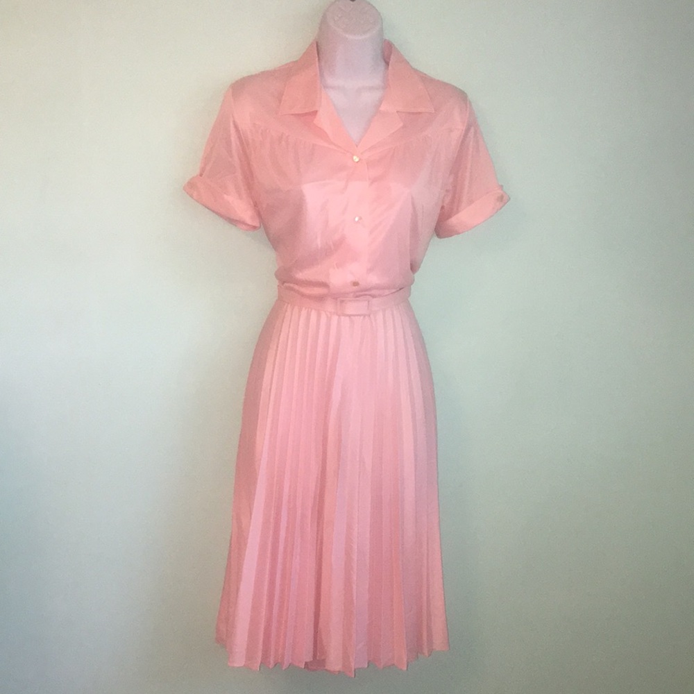 Vintage 70’s Nikki Pink Belted Dress Size 11/12